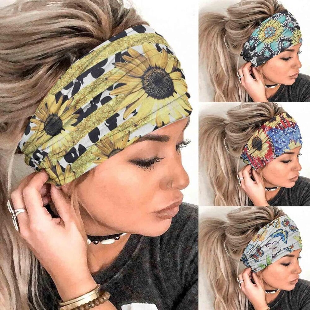 Wide Boho Headbands Turban Elastic Hairbands Nonslip Floral Bandana Workout Yoga